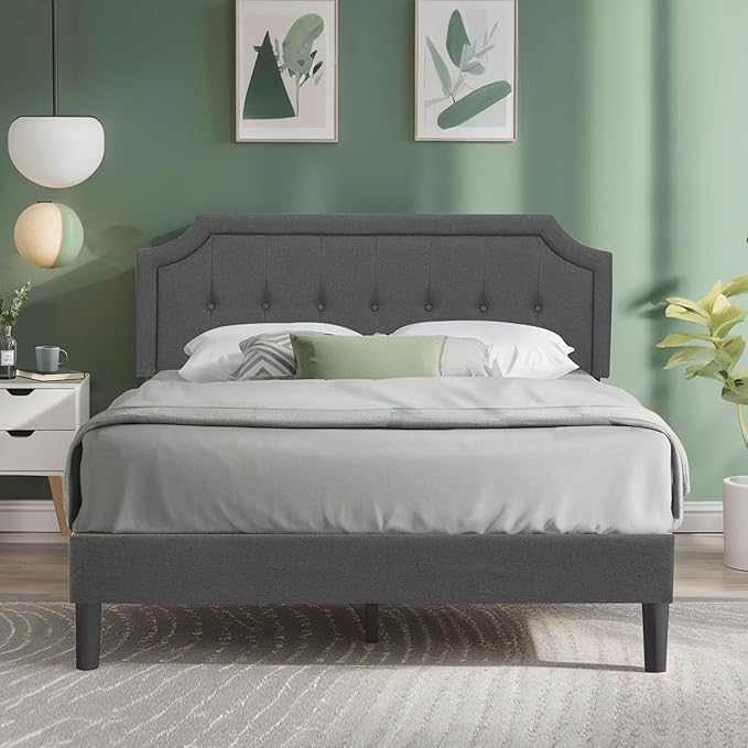 VECELO Full Upholstered Platform Bed Frame with Adjustable Button Stitched Panel Headboard,Strong Wood Slat Support,Velcro Design,Mattress Foundation/Easy Assembly,Grey