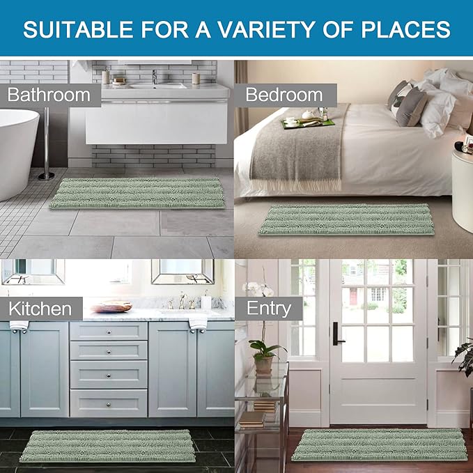 H.VERSAILTEX Bathroom Rugs Bath Mats Sets Super Absorbent Chenille Striped Bath Mats Non Skid Machine Wash Dry Rugs for Bathroom Floor Set of 2(Sage, 47 x 17 Plus 17 x 24 - Inches)