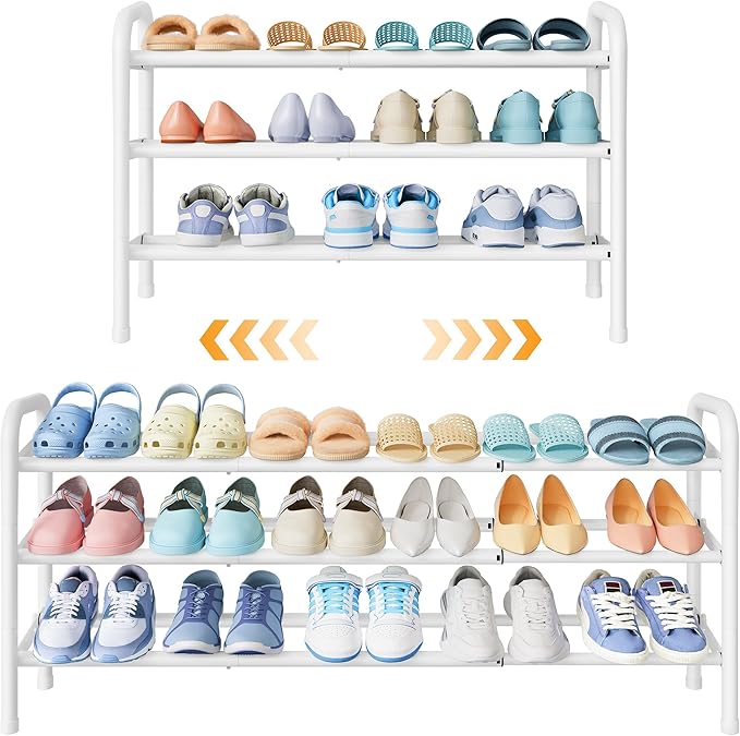 Shoe Rack for Closet, 3 Tier Shoe Organizer, 28“ Metal Shelf Can Expandable to 42“, for Closet, Entryway, Bedroom, Garage, Adjustable to 18 Pairs Shoes, White