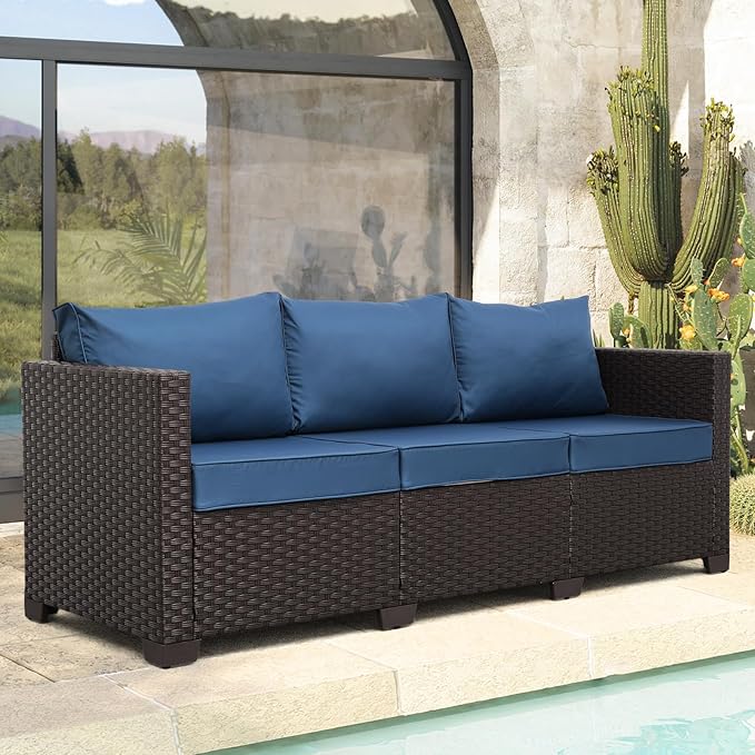 Outdoor Couch Wicker Patio Furniture 3-seat Sofa Outdoor Furniture Deep Seat Hight Backrest Waterproof Cover Non-Slip Cushions, Navy Blue