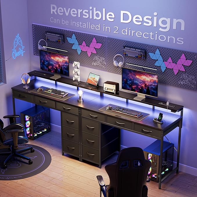 Huuger Gaming Desk with 6 Drawers, Computer Desk with LED Lights Power Outlets and Type-C, 39 Inch Office Desk with Storage, Monitor Stand, Writing Desk Work Desk Home Office, Bedroom, Study, Black