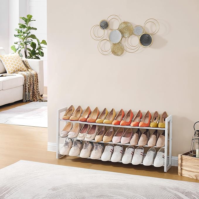 FAVOOSTY 3-Tier Expandable Shoe Rack, Adjustable Shoe Shelf Storage Organizer Space Saving Metal Free Standing Shoe Rack for Entryway Closet Doorway, White