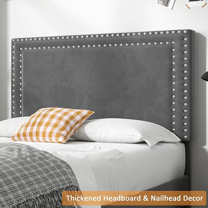 VECELO Twin Size Platform Bed Frame with Adjustable Upholstered Headboard, Strong Wood Slat Support, No Box Spring Needed, Easy Assembly