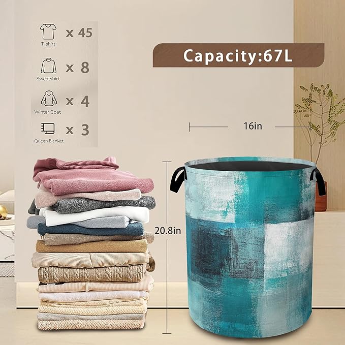 Laundry Hamper,Art Painting Laundry Basket,Grey Blue Waterproof Oxford Cloth Storage Basket with Handle for Clothes Books Nursery Home Storage Sundries 16"x20"