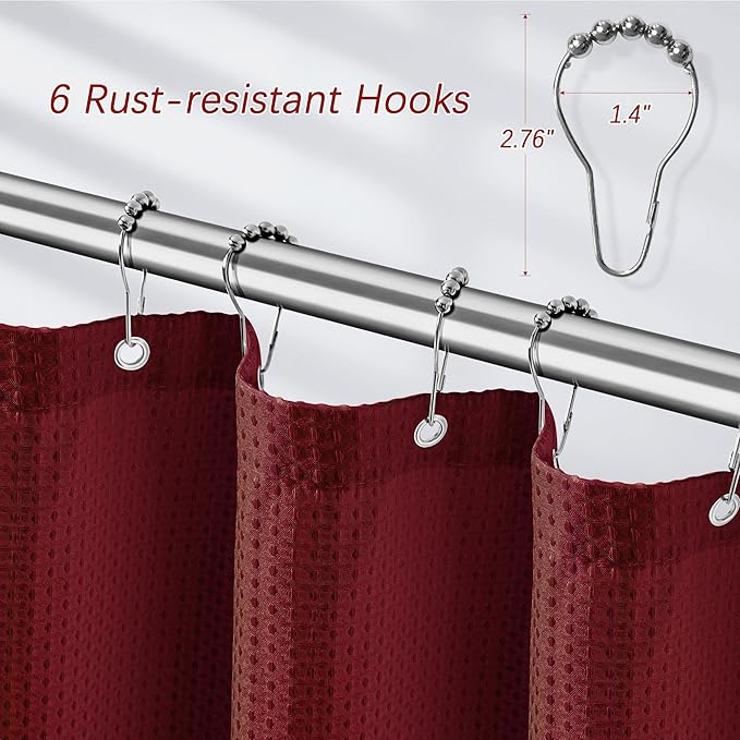 Stall Burgundy Fabric Shower Curtain - Waffle Textured Small Heavy Duty Cloth Shower Curtains for Bathroom, 256GSM Narrow Hotel Spa Luxury Bath Curtain Set with 6 Hooks (36Wx72H, Burgundy)