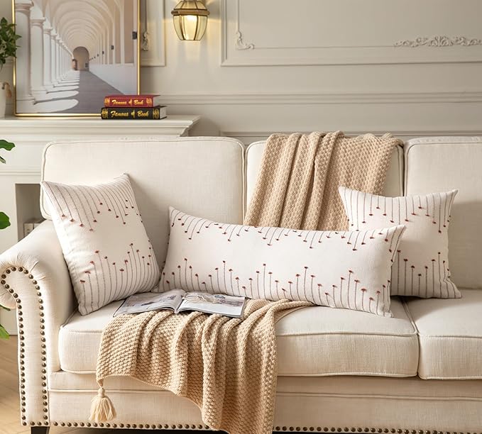 Boho Lumbar Pillow Cover 14x36 Long Pack of 1 Decorative Pillows Bed, Beige with Rust Body Throw Pillow Covers, for Modern Farmhouse Sofa Bedroom Living Room Home Decor Couch Pillowcase