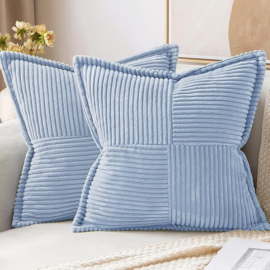 MIULEE Decorative Throw Pillow Covers for Couch Bed Livingroom 20x20 Inch Set of 2 Baby Blue Boho Accent Throw Pllows Broadside Striped Patchwork Soft Corduroy Pillowcases
