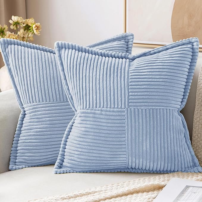 MIULEE Decorative Throw Pillow Covers for Couch Bed Livingroom 18x18 Inch Set of 2 Baby Blue Boho Accent Throw Pllows Broadside Striped Patchwork Soft Corduroy Pillowcases