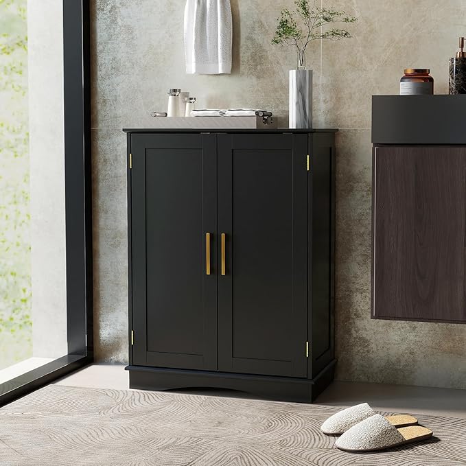 Tangkula Bathroom Floor Storage Cabinet, 31.5" H Freestanding Pantry Cabinet with 2 Doors and Adjustable Shelves, Kitchen Cupboard for Living Room, Dining Room, Bathroom (Black, 31.5" H)