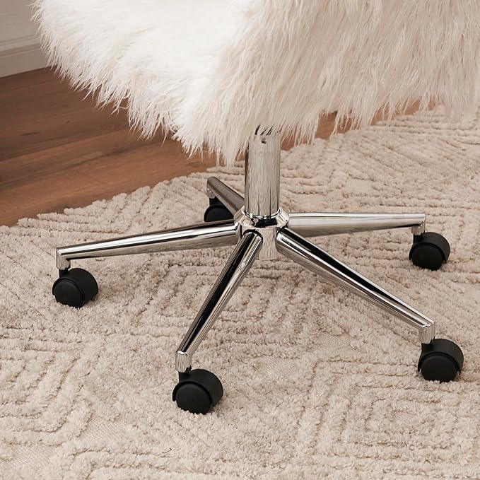 Goujxcy Fluffy Desk Chair, White Faux Fur Vanity Chair Swivel Office Chair for Girls Women, Height Adjustable Cute Plush Furry Makeup Chairs for Bedroom Home Office
