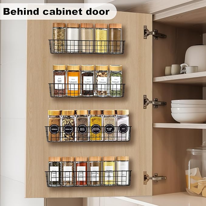 Spice Rack Organizer Wall Mount, 4 Pack Black Seasoning Rack Wire Storage Baskets for Wall or Cabinet Door in Kitchen and RV