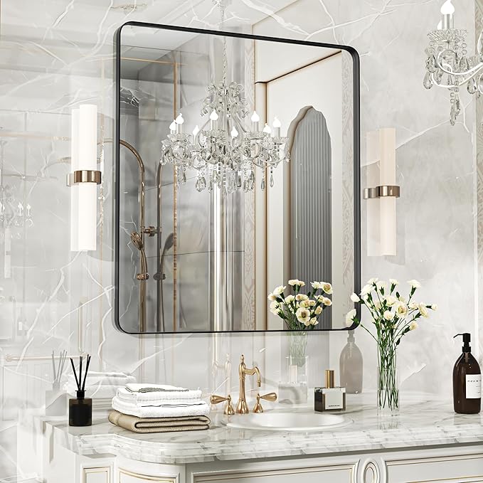 32×36 Black Bathroom Mirror, Rectangular Bathroom Vanity Mirror for Wall with Rounded Corners & Aluminum Alloy Frame, Tempered-Glass, Modern, Farmhouse, Horizontal/Vertical, Entryway, Bedroom