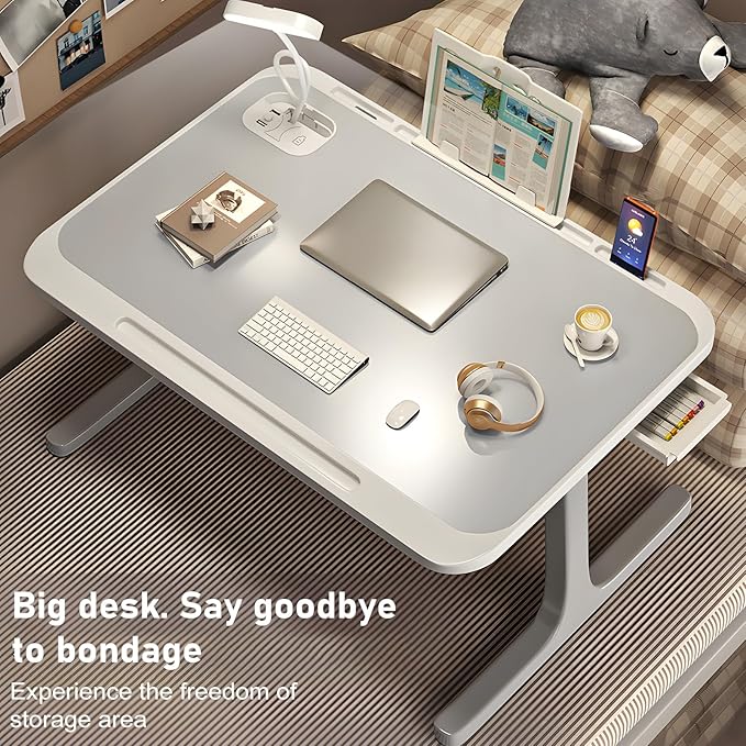 Laptop Bed Tray Table, Lap Desk with Night Lamp, Storage Drawer, Phone Charging Function, Foldable Laptop Bed Desk Laptop Workstation, Laptop Tables for Bed, a Children's Bed Table Grey