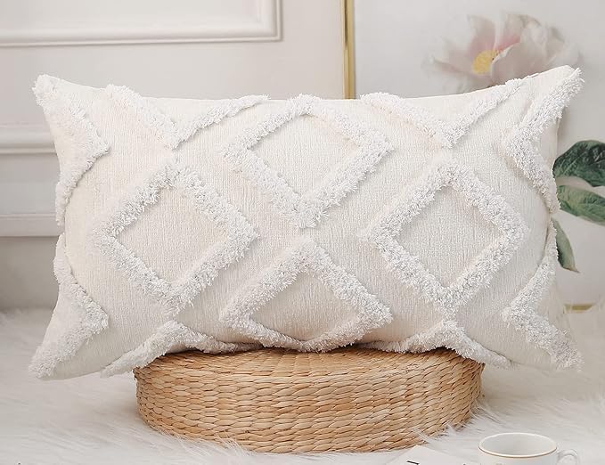 Diamond Pattern Long Pillow Covers 14 x 26,Plush Chenille Decorative Long Lumbar Pillow Case Pillow Covers Cushion Case for Sofa Couch Bed Livingroom Farmhouse,Modern Boho,Cream White