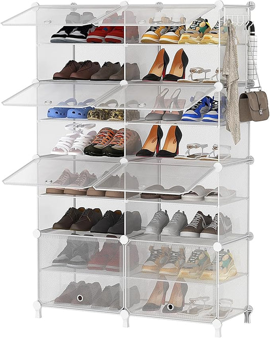AWTATOS Shoe Rack, 8 Tier Shoe Storage Cabinet with Door, 32 Pair Shoe Organizer Shelves for Closet Hallway Bedroom Entryway, Transparent Twill