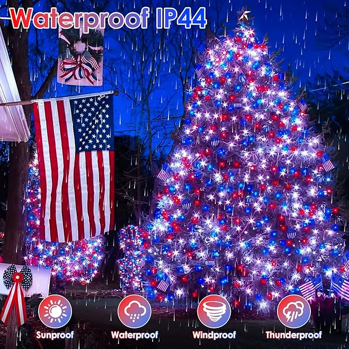 KAQ Red White & Blue Lights 115FT 300LED 4th of July Decorations Outdoor/Indoor, Extendable Plug-in Twinkle Fairy Lights Waterproof with 8 Modes&Timer Independence Day Patriotic Tree Decorations