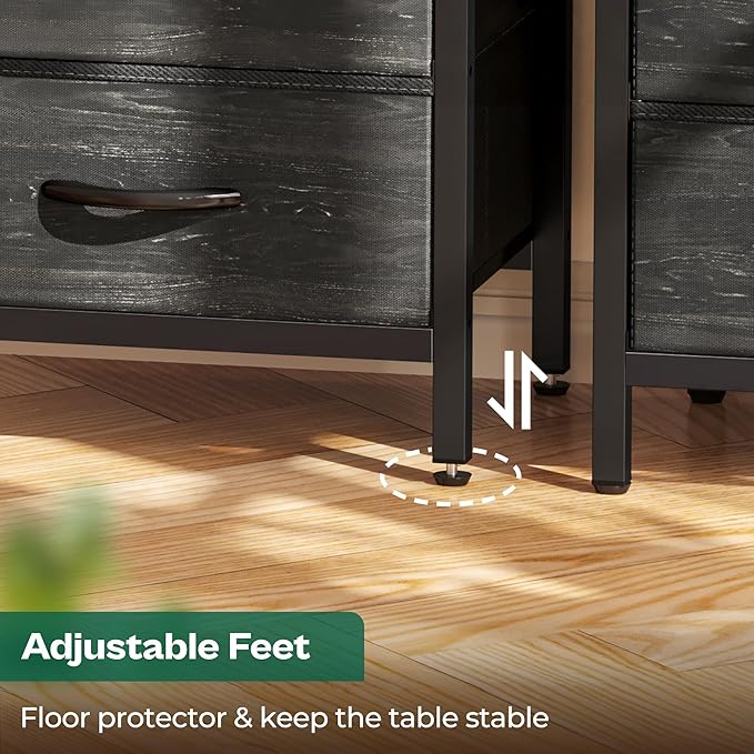 Huuger Nightstand with Charging Station, 27.6 Inch End Table Bedside Table with USB Ports and Outlets, Night Stand for Bedroom, Fabric Drawers, Charcoal Black Wood Grain Print