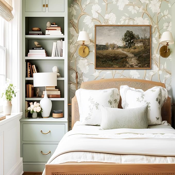 Floating Framed Vintage Canvas Wall Art Decor, Modern Countryside Wall Decor for Living Room, Nature Landscape Pictures Paintings Prints for Bedroom Hallway Office Decoration 12x16 inch