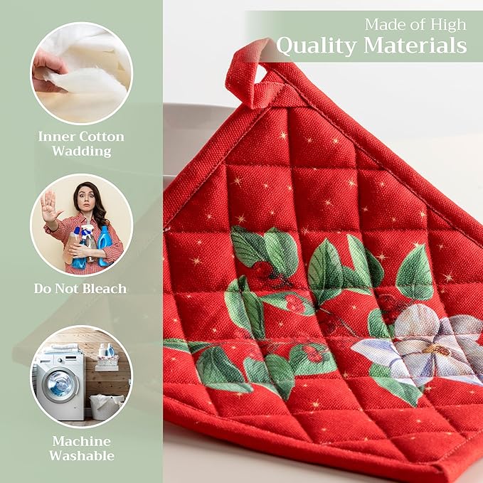 Maison d' Hermine Pot Holders 100% Cotton Heat Resistant Potholders 8" x 8" Hot Pads with Loop for Thanksgiving Christmas Decorations BBQ Cooking Baking Handling Hot Pans (Pack of 1, Noel)