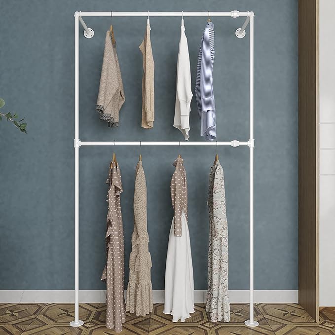 Industrial Pipe White Clothing Racks Wall Mounted, Industrial Clothes Racks for Hanging Clothes, Vintage Retail Garment Rack Display Rack