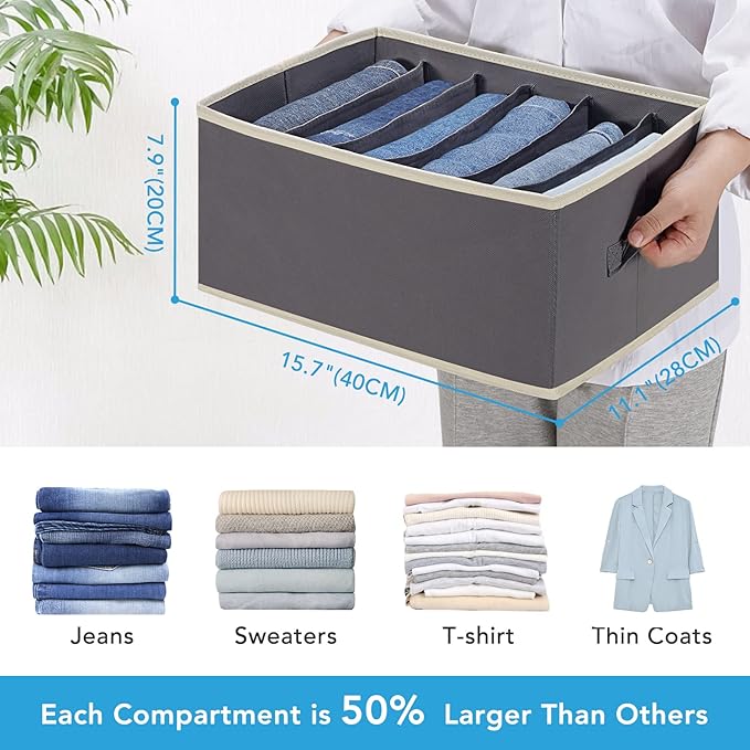 6 Pcs Large Size Wardrobe Clothes Organizers 6 Grids for Pants, Jeans, Sweater, T-shirt, Dress Stackable Closet Drawer Organizer Storage Bin Container with Sturdy Handles, Dark Grey