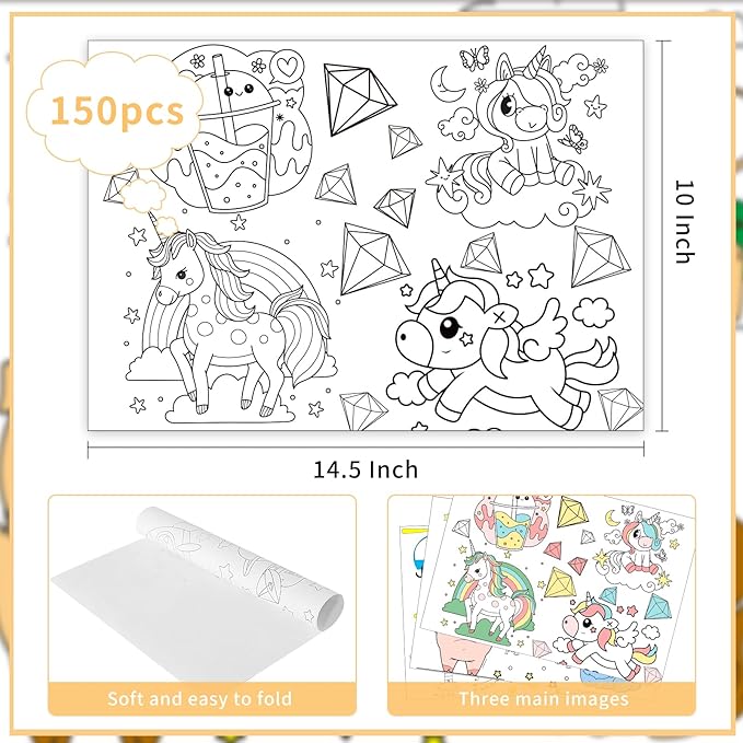 150 Pieces Disposable Paper Placemats Coloring Activity Sheets Paper Place Mats Bulk Dining Table Place Mats Set 14.5*10 Sublimation Placemat for Restaurant Christmas Party(Space Aminal Unicorn Theme）