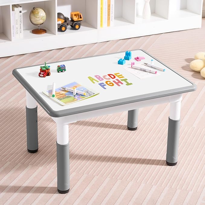 Adjustable Kids Table, Arts and Crafts Child Table with Graffiti Desktop, 7 Level Height Adjustable Children Table for Ages 3-8, Easy to Wipe Toddler Desk for Classrooms/Daycares/Homes