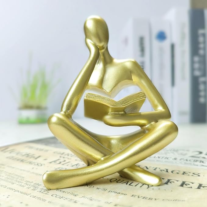 Gold Thinker Statue - Abstract Reading Sculpture 4.5“, Art Modern Decor for Living Room Coffee Tables, Bookshelves & Office Desks | Elegant Accent for Home & Library Spaces (Gold)