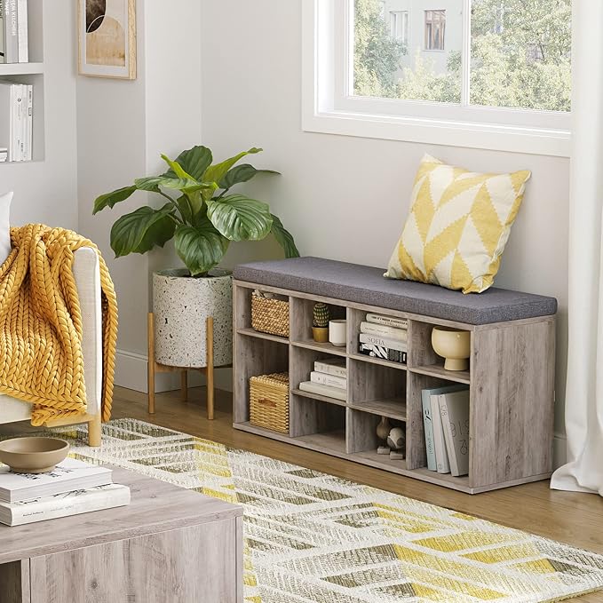 DINZI LVJ Shoe Storage Bench with Cushion, Cubby Rack with 12 Cubbies, Adjustable Shelves, Multifunctional Organizer Bench for Entryway, Mudroom, Hallway, Closet and Garage, Greige