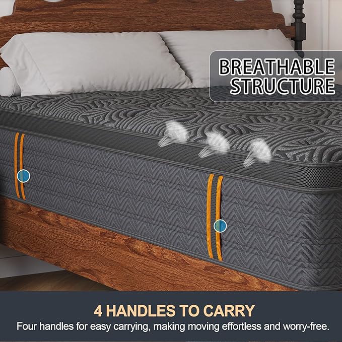 Queen Mattress, 9 Inch Hybrid Mattresses in a Box with Durable Support, Fiberglass Free, Motion Isolation & Individually Poctet, 100 Night Trial, Queen Size, Dark Grey