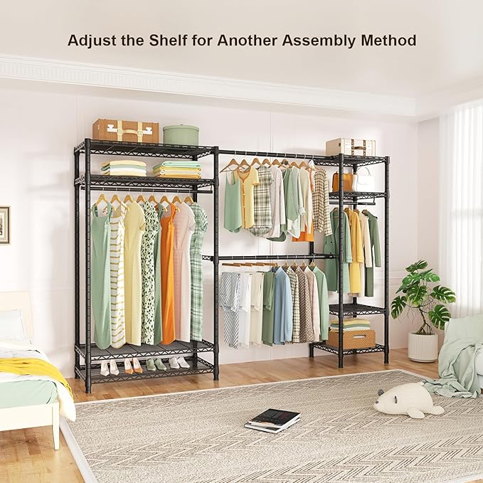 Ulif E11 Heavy-Duty Garment Rack, Metal Freestanding Clothes Rack and Closet Storage Organizer System with 8 Shelves and 4 Hanger Rods, (73.2 - 97.6)"W x 14.5"D x 71.2"H, Load 1034 LBS, Black