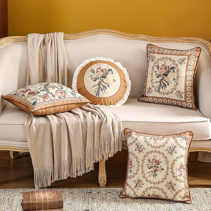 patdrea Designer Vintage Floral Throw Pillow Covers for Couch Set of 2,Brown Linen Pillowcases with Bird and Rose Pattern Decorative Square Cushion for Bed Living Room Outdoor Cafe Car,18"x18"