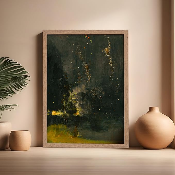 Poster Master Vintage Nocturne in Black and Gold Painting Poster - Retro The Falling Rocket Print - Abstract Art - Moody Art - Landscape Art - Office or Living Room Decor, 16x20 Beige Framed
