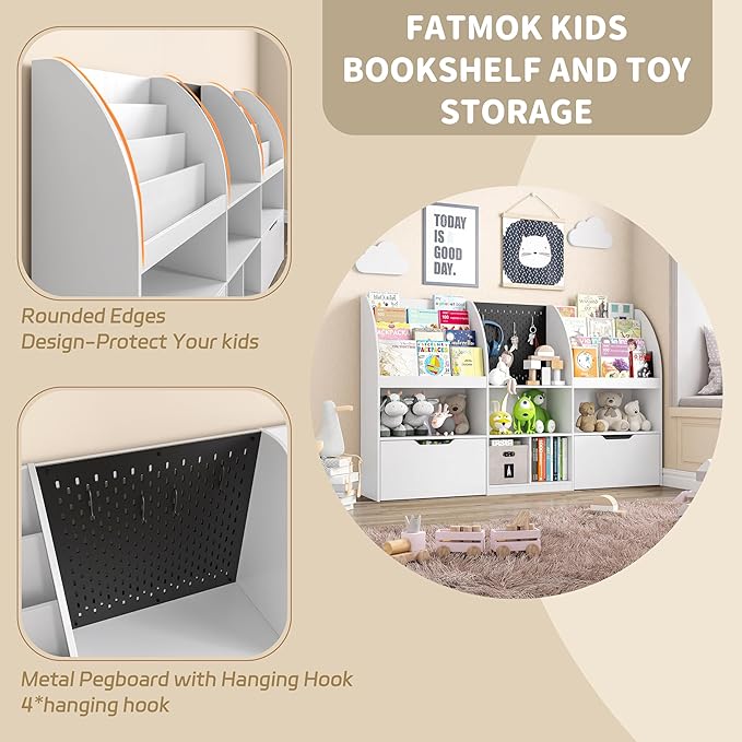 Toy Storage Organizer, Kids Book Shelf and Toy Organizer, 67" Toy Organizers and Storage with Movable Drawers, Playroom Organization and Kids Reading Nook with 5 Storage Cubbies, White