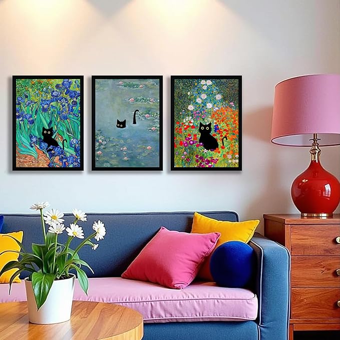Krtoni 3Pcs Framed Black Cat Wall Art, Vintage Funny Black Cat in Water Lilies Poster Prints Paintings, Garden Flowers Cat Aesthetic Wall Decor, for Bathroom Living Room Bedroom 12" W x 16" H