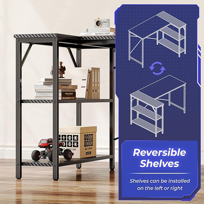 Huuger L Shaped Desk, 47 Inch Gaming & Home Office Desk with Reversible Storage Shelves, Metal Frame, Carbon Fiber Black