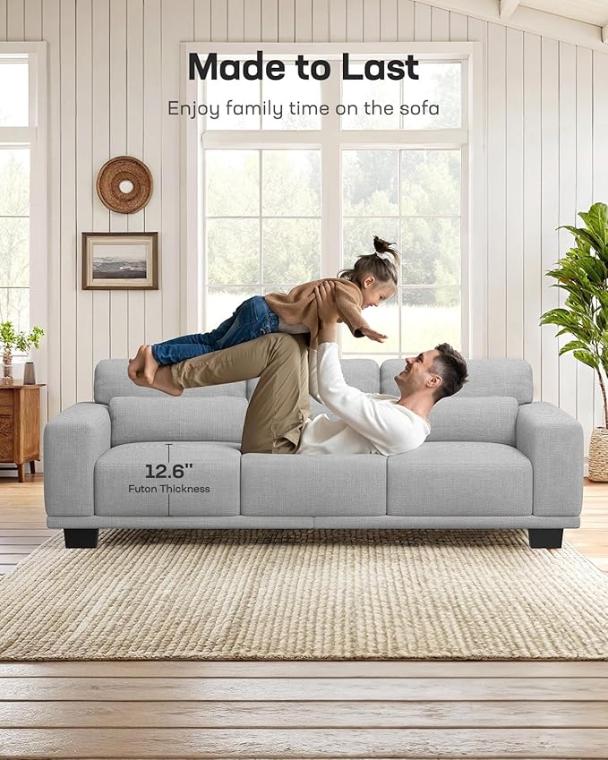 Marsail 3-Seater Modern Sofa, 89" Couch with Wide Armrests & Deep Cushions, Linen Sofas with Removable Washable Covers for Living Room, Grey