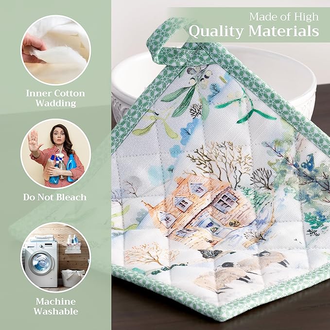 Maison d' Hermine Pot Holders Set 100% Cotton Heat Resistant Potholders 8" x 8" Hot Pads with Loop for Thanksgiving Christmas Decorations BBQ Cooking Baking Handling Hot Pans (Pack of 2, Snowy World)