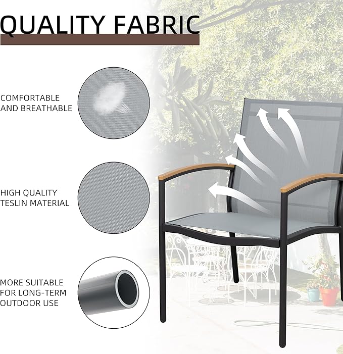 Shintenchi 3 Pieces Patio Bistro Sets, Outdoor Textilene Fabric Conversation Bistro Set, Textilene Fabric Front Porch Chairs Small Patio Furniture Set with Table for Lawn,Garden,Balcony (Grey)