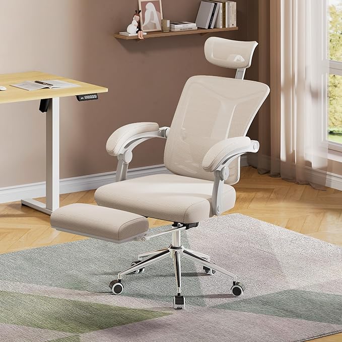 DEVAISE Ergonomic Mesh Office Desk Chair with Footrest, Comfrotable Big and Tall Reclining Computer Chair with Adjustable Lumbar Support, Backrest Adjustable, High Back SGS Class 4 Gas Lift, White