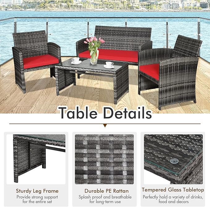 Goplus 4-Piece Rattan Patio Furniture Set, Outdoor Wicker Conversation Sofa with Weather Resistant Cushions and Tempered Glass Tabletop for Lawn Backyard Pool Garden (Red)