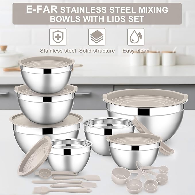 E-far Mixing Bowls with Lids Set, 21PCS Stainless Steel Mixing Salad Bowls with 3 Grater Attachments, Size 7, 4.6, 3.5, 2.6, 2, 1.5, 1QT, Nesting Design & Khaki Airtight Lid, For Baking/Prepping