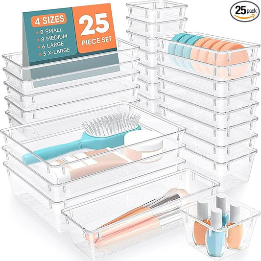 25 PCS Plastic Drawer Organizer Set, 4-Size Versatile Organizer Trays & storage Bins for Makeup, Jewelry, and Gadgets in Bathroom, Bedroom and Office,Clear White