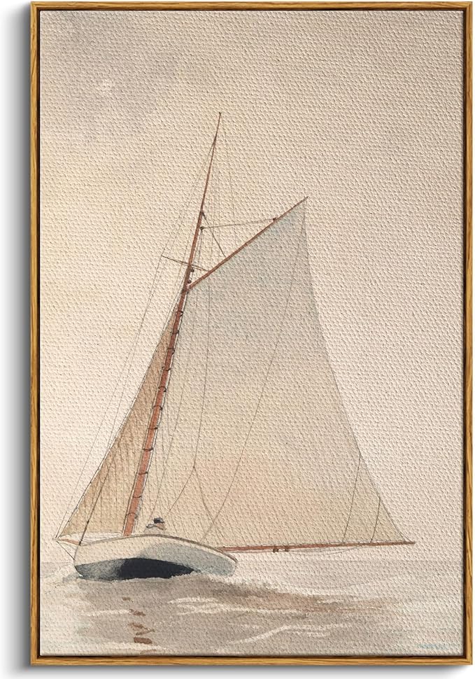 InSimSea Framed Wall Art for Living Room - Large Canvas White Sailboat Seascape Watercolor Vintage Painting - Coastal Wall Art Prints for Office & Home Decor - 24x36in