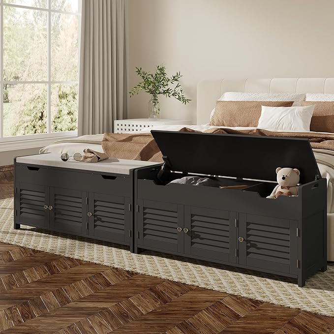 ChooChoo 41.3" Shoe Storage Bench with Lift Top Storage, Entryway Bench with Cushioned Seat, Adjustable Shelf, Shoe Cabinet with Hidden Space, for Entryway, Bedroom, Living Room, Black