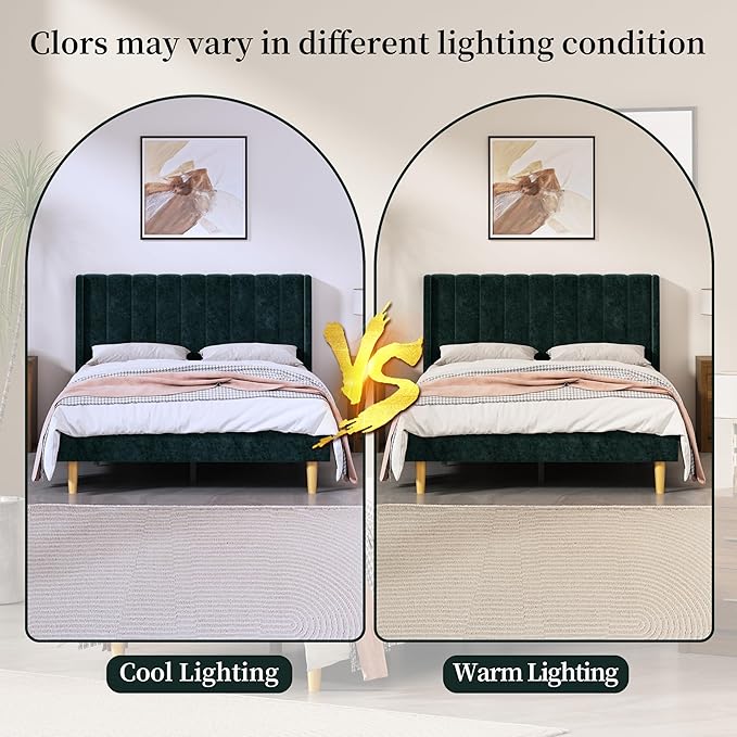 Full Size Upholstered Platform Bed Frame with Modern Wingback & Vertical Panel Headboard, Velvet Fabric, Wooden Legs & Slats Support, No Box Spring Needed, Noise-Free & Easy Assembly, Ink Green