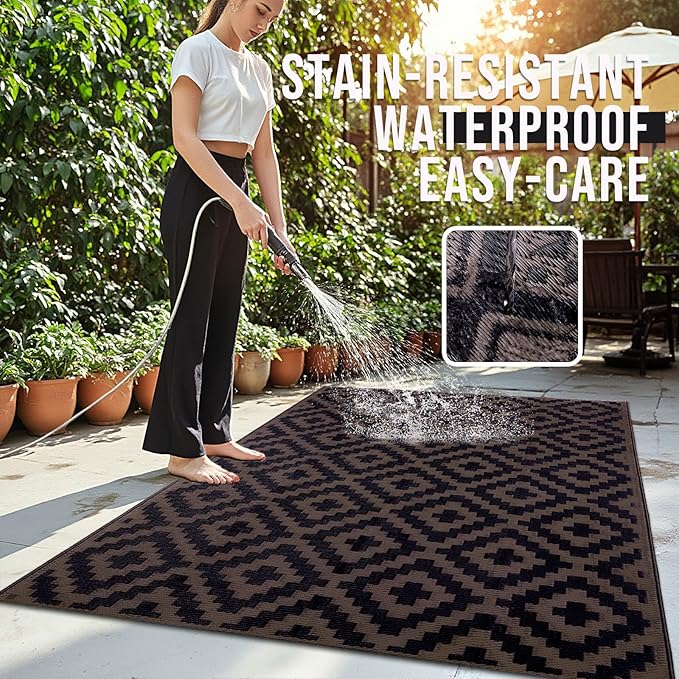 OLANLY Waterproof Outdoor Rug 4x6 ft, Outdoor Plastic Straw Rug for Camping, RV Mat Outside, Outdoor Carpet for Porch, Deck, Backyard, Balcony, Picnic, Black & Brown