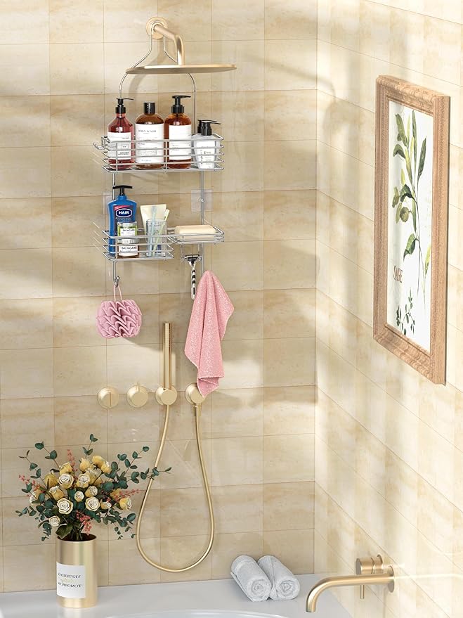 SMARTAKE Hanging Shower Head Caddy, Rustproof Bathroom Shower Shelf Organizer, SUS201 Stainless Steel Over The Storage Rack, for Toilet, Bathroom, Silver