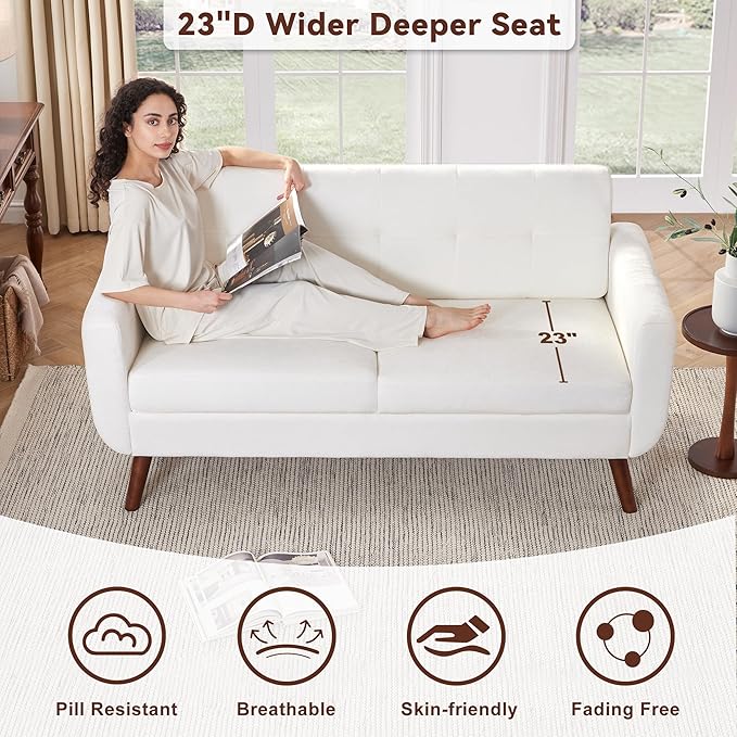 Tbfit 65" W Loveseat Sofa, Mid Century Modern Couches Love Seats for Living Room, Button Tufted Upholstered Small Couch for Bedroom, Solid and Easy to Install Love Seats Furniture, White