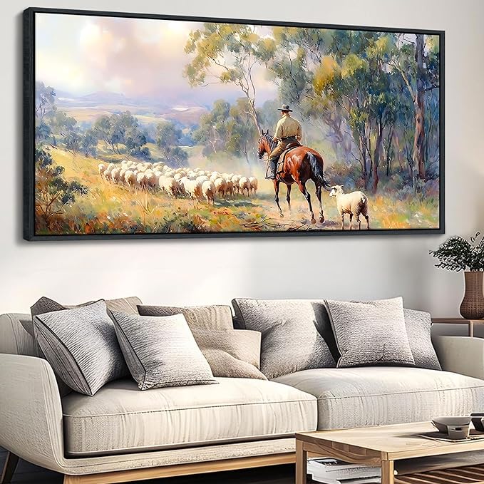 JEAWA Large Framed Canvas Painting - Western Shepherding Landscape Wall Decor, Picture with Trees, sheeps and Fine Horse, Shepherd Art Prints for Bedroom Living Room Home Decoration, 29x58 IN